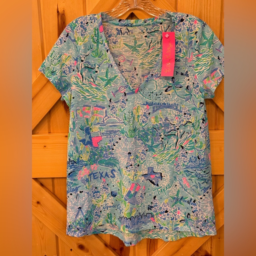 NWT Lully Pulitzer Etta V-Neck in Bayside Blue, Lilly Loves Texas, Sz S